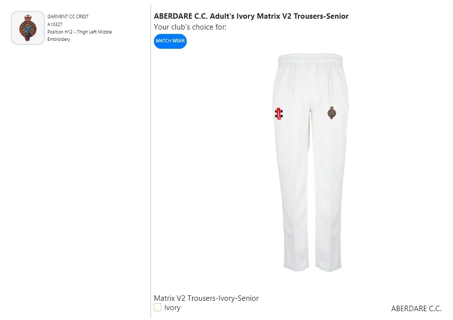 ABERDARE C.C. Adult's Ivory Matrix V2 Trousers-Senior