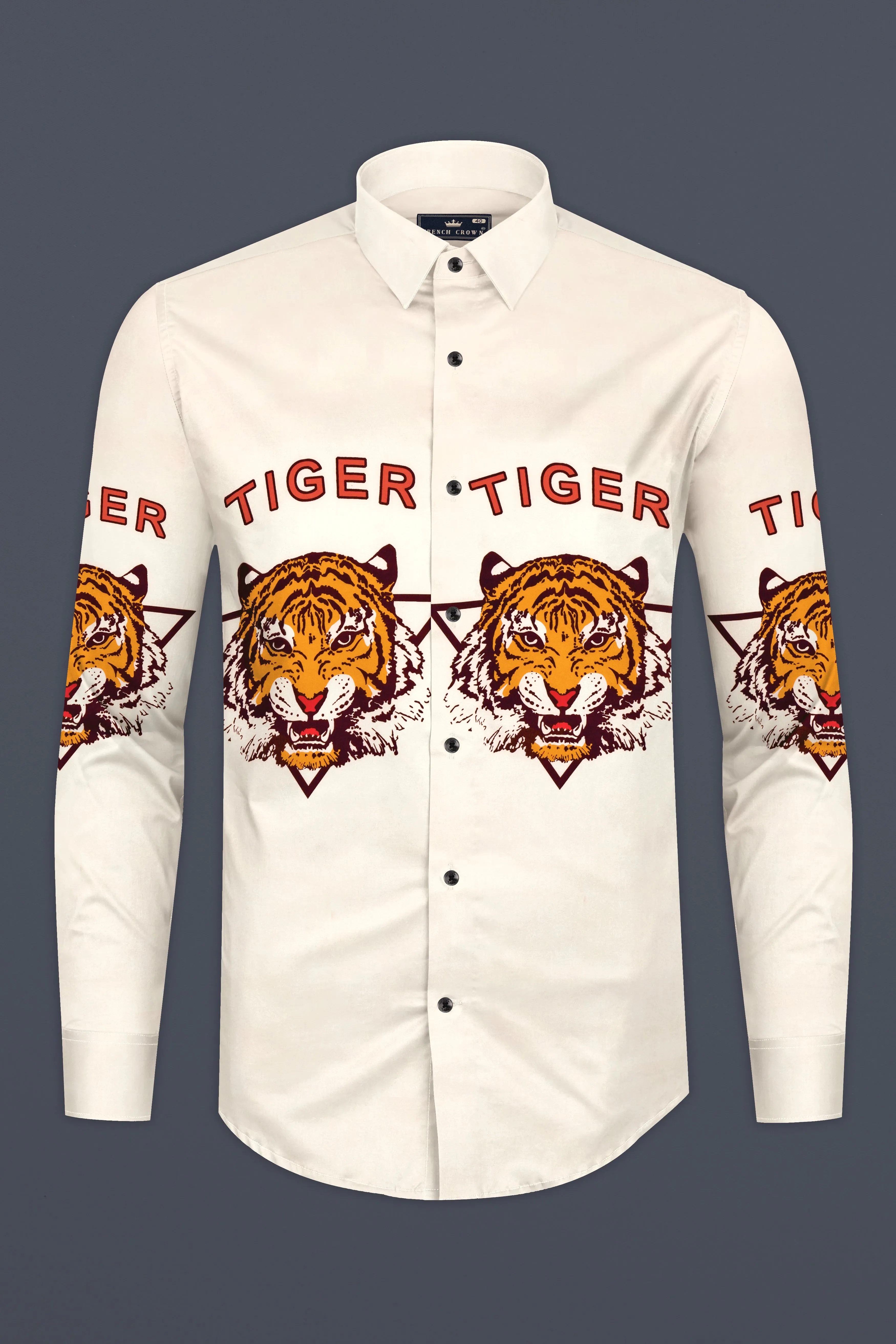 Bianca Cream with Cedar Brown and Tahiti Orange Tigers Printed Subtle Sheen Super Soft Premium Cotton Designer Shirt