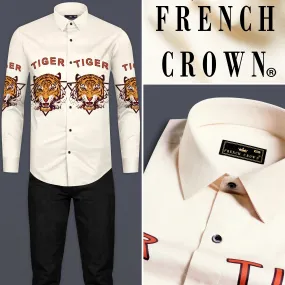 Bianca Cream with Cedar Brown and Tahiti Orange Tigers Printed Subtle Sheen Super Soft Premium Cotton Designer Shirt