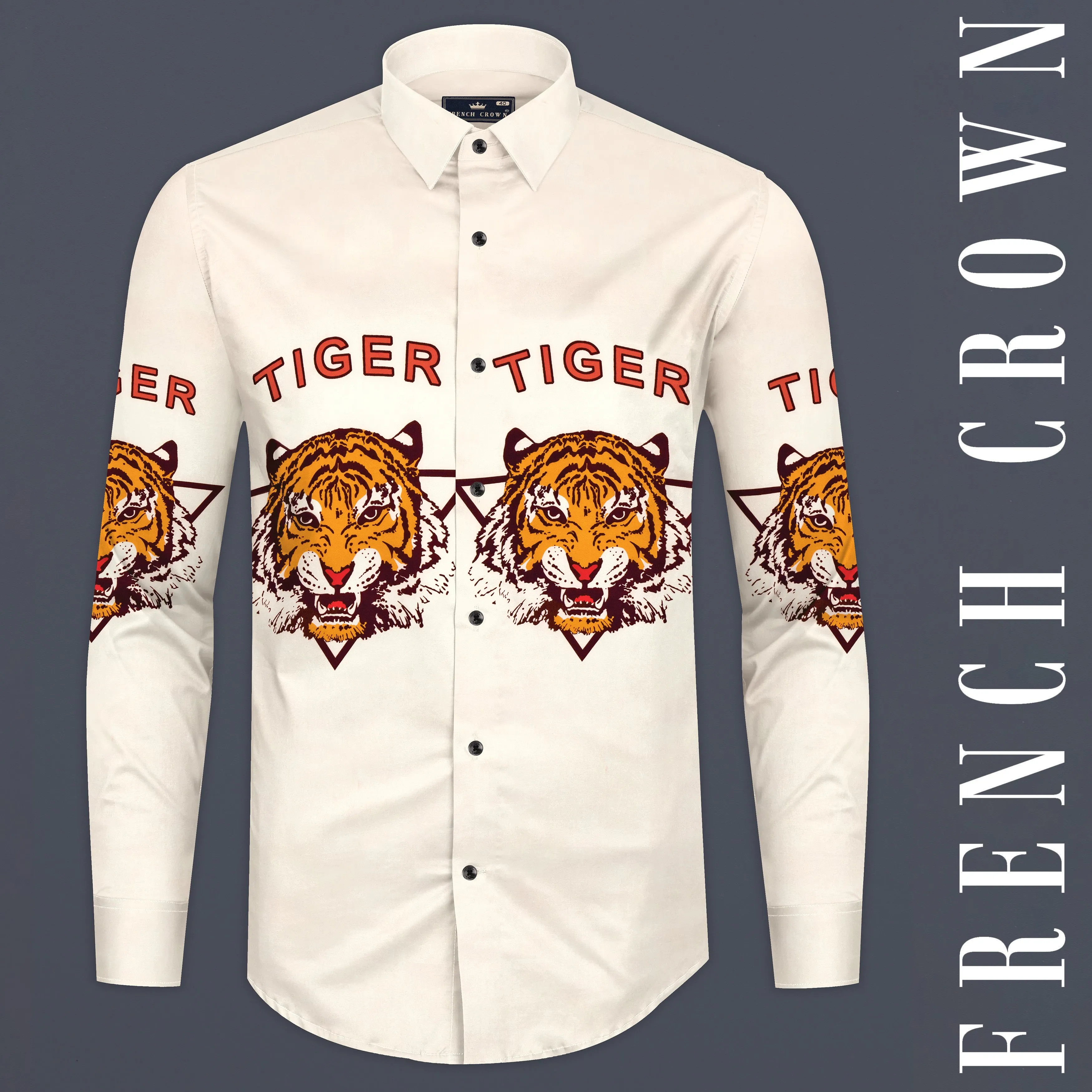 Bianca Cream with Cedar Brown and Tahiti Orange Tigers Printed Subtle Sheen Super Soft Premium Cotton Designer Shirt