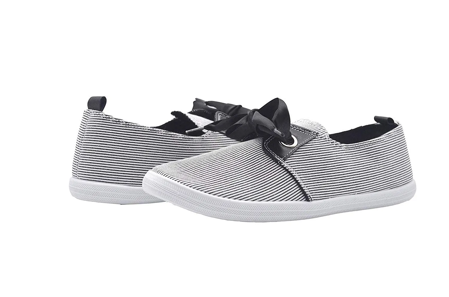 dELiAs Ladies Sneakers Stripe Fabric Slip On Sneaker with Satin Bow