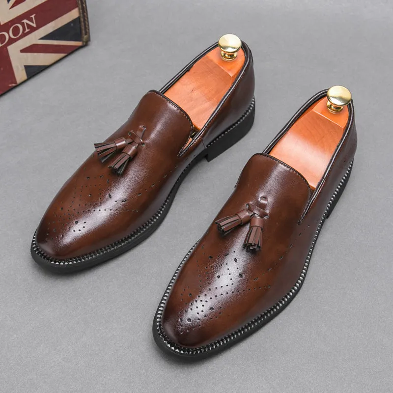 Genuine Leather Loafers Shoes Outdoor Pointed Tassel Casual Carved Leather Shoes | 8739