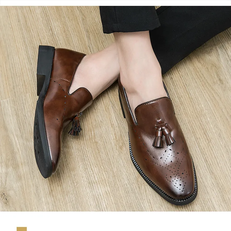 Genuine Leather Loafers Shoes Outdoor Pointed Tassel Casual Carved Leather Shoes | 8739