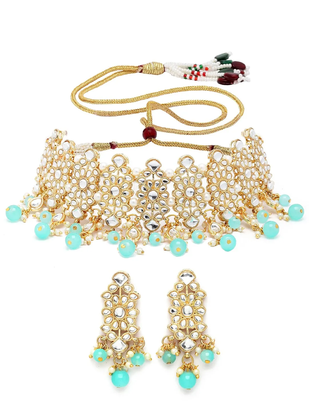 Gold-Plated White & Blue Kundan-Studded & Beaded Jewellery Set