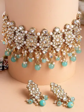 Gold-Plated White & Blue Kundan-Studded & Beaded Jewellery Set