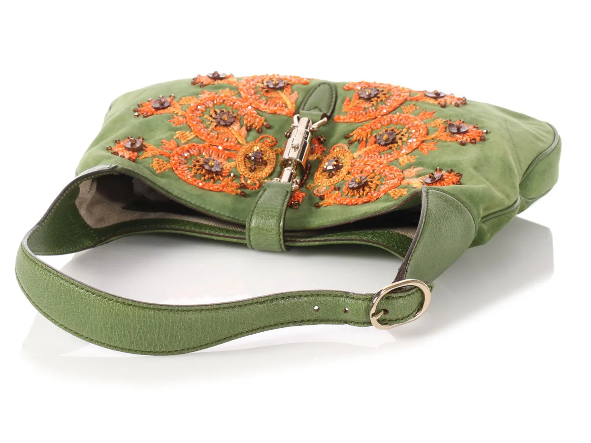 Gucci Green Embroidered Suede Jackie Shoulder Bag