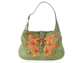 Gucci Green Embroidered Suede Jackie Shoulder Bag