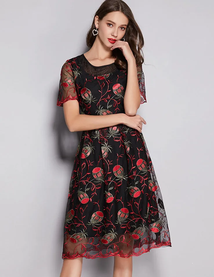 High waist mesh embroidery lace dresses