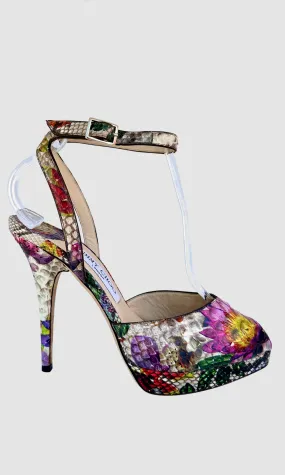 JIMMY CHOO Lola Floral Printed Ankle Strap  Platform Shoes • Size 38