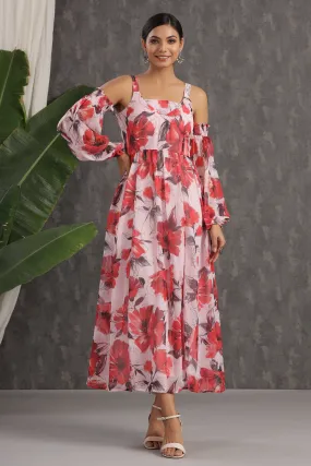 Juniper Light Pink Floral Printed Chiffon Maxi Dress With Adjustable Straps & Cold Shoulder