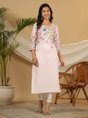 Juniper Pink Floral Printed Rayon Kurta & Pant Set with Beads & Sequins Work