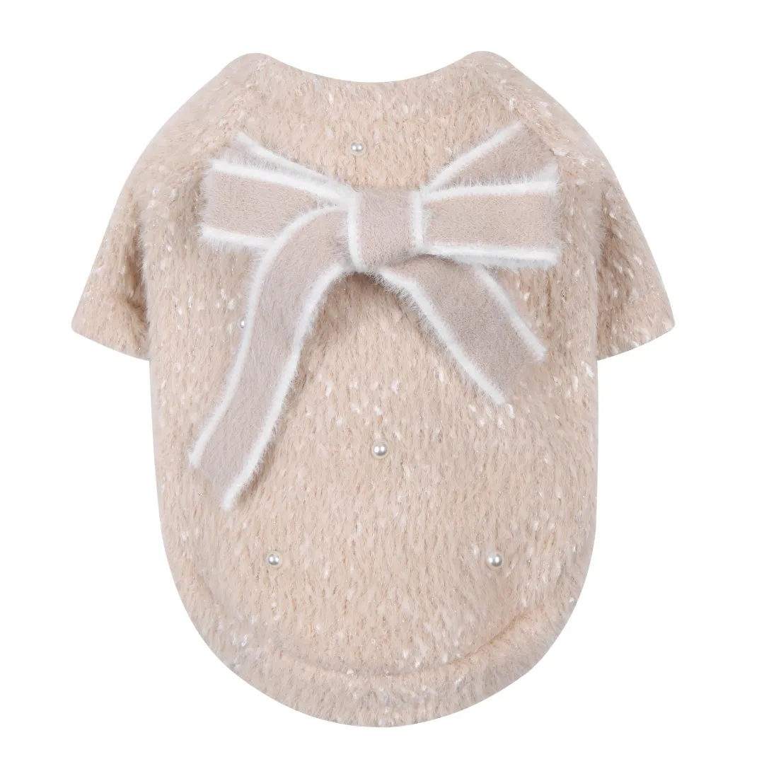 Ribbon Knit Sweater with pearl decoration - Beige