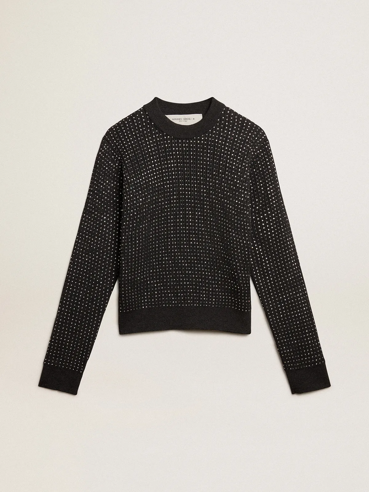 Round-neck sweater in merino wool with all-over crystals