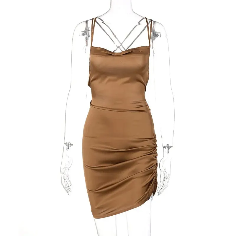 Sultry Elegance: Satin Mini Dress with Ruched Lace-Up Cross Bandage, Backless Bodycon