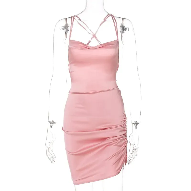 Sultry Elegance: Satin Mini Dress with Ruched Lace-Up Cross Bandage, Backless Bodycon