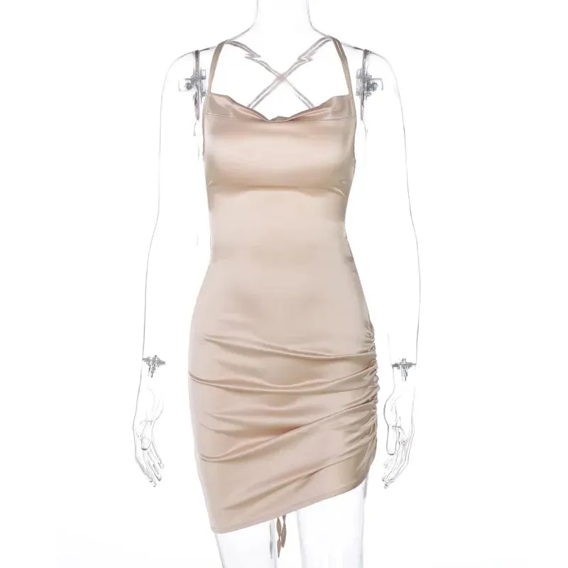 Sultry Elegance: Satin Mini Dress with Ruched Lace-Up Cross Bandage, Backless Bodycon